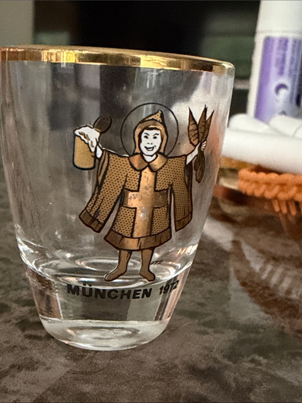Munich 1972 Summer Olympics Souvenir Shot Glass with Gold Rim